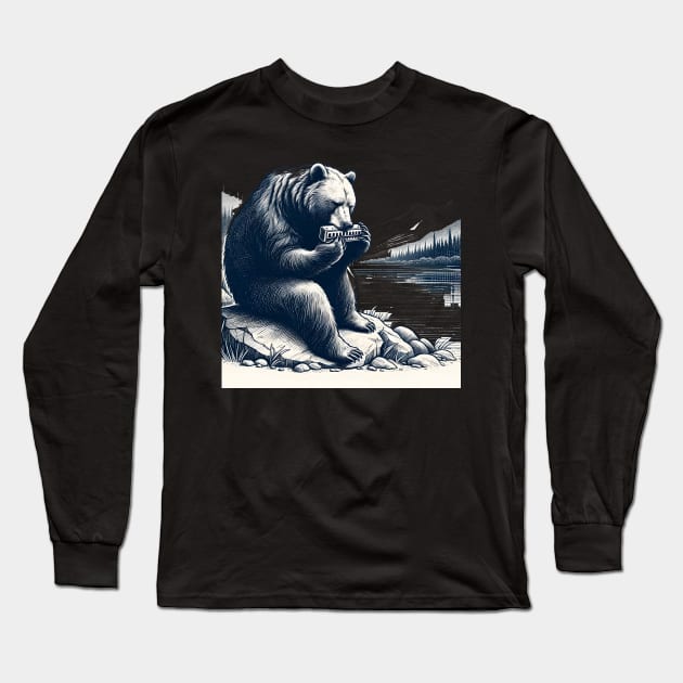 Bear Playing Harmonica Long Sleeve T-Shirt by Merchweaver